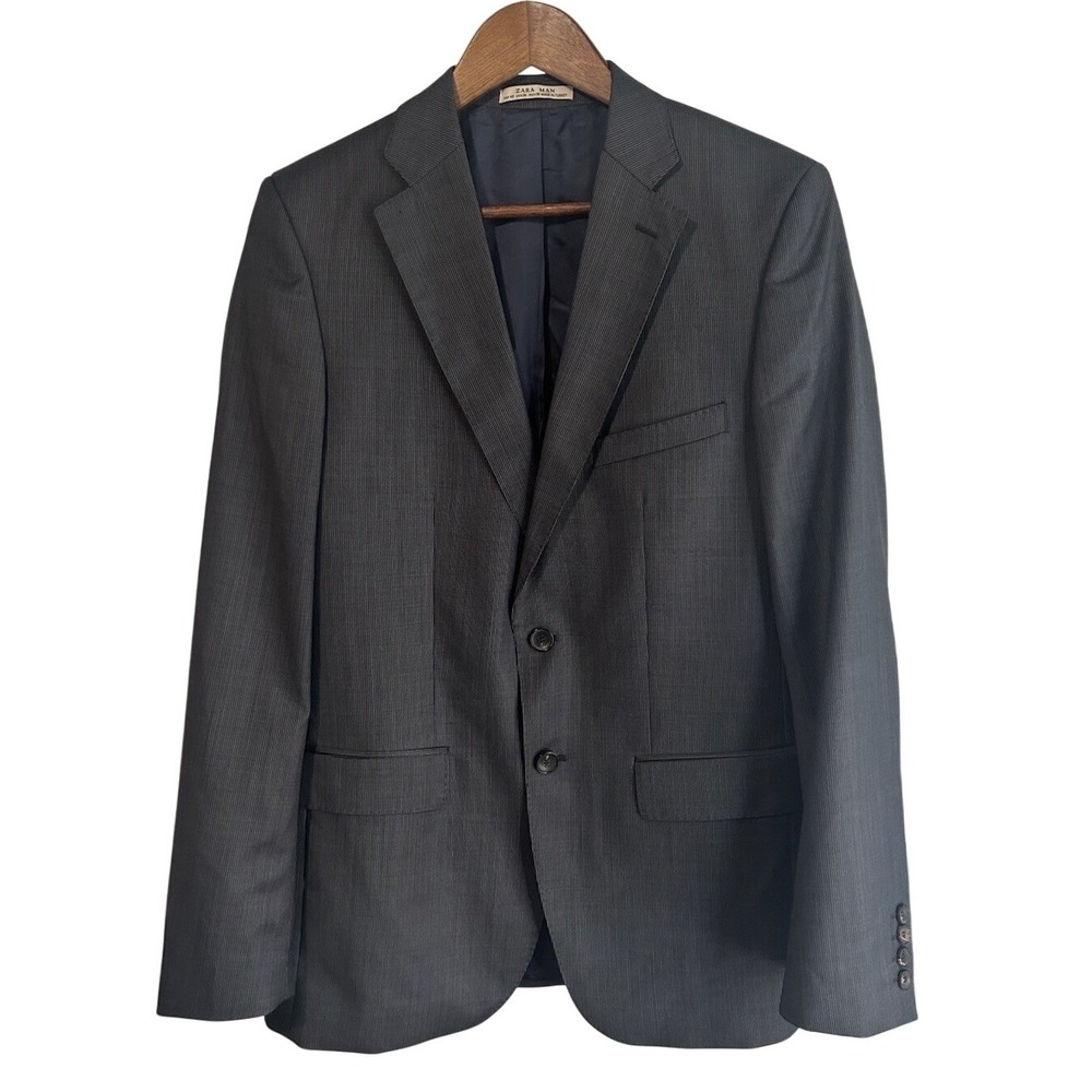 Zara Men 38 One Button Charcoal Gray Pinstripe Blazer Business Casual Academia